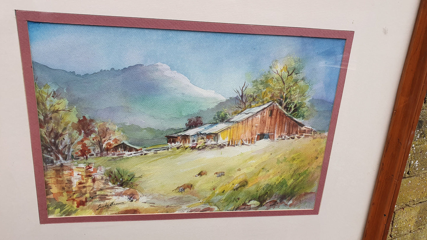 Large Mountain Chalet Vintage Original Watercolour Signed Painting Art Autumn Farmhouse Hillside Building Framed 71 x 55 cm