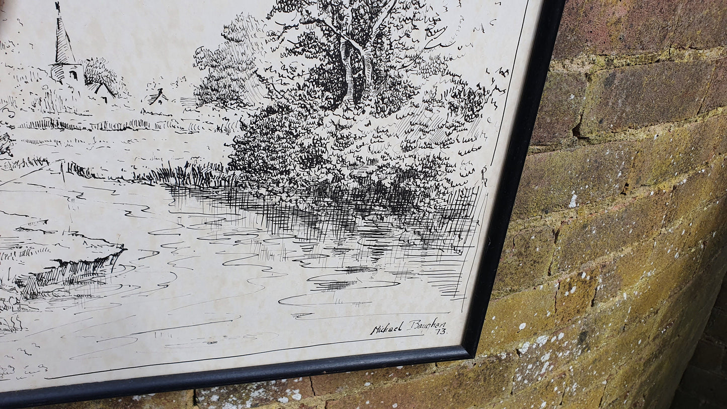English Landscape Art Print Black & White Etching Countryside River Fishing Vintage Black Wood Frame