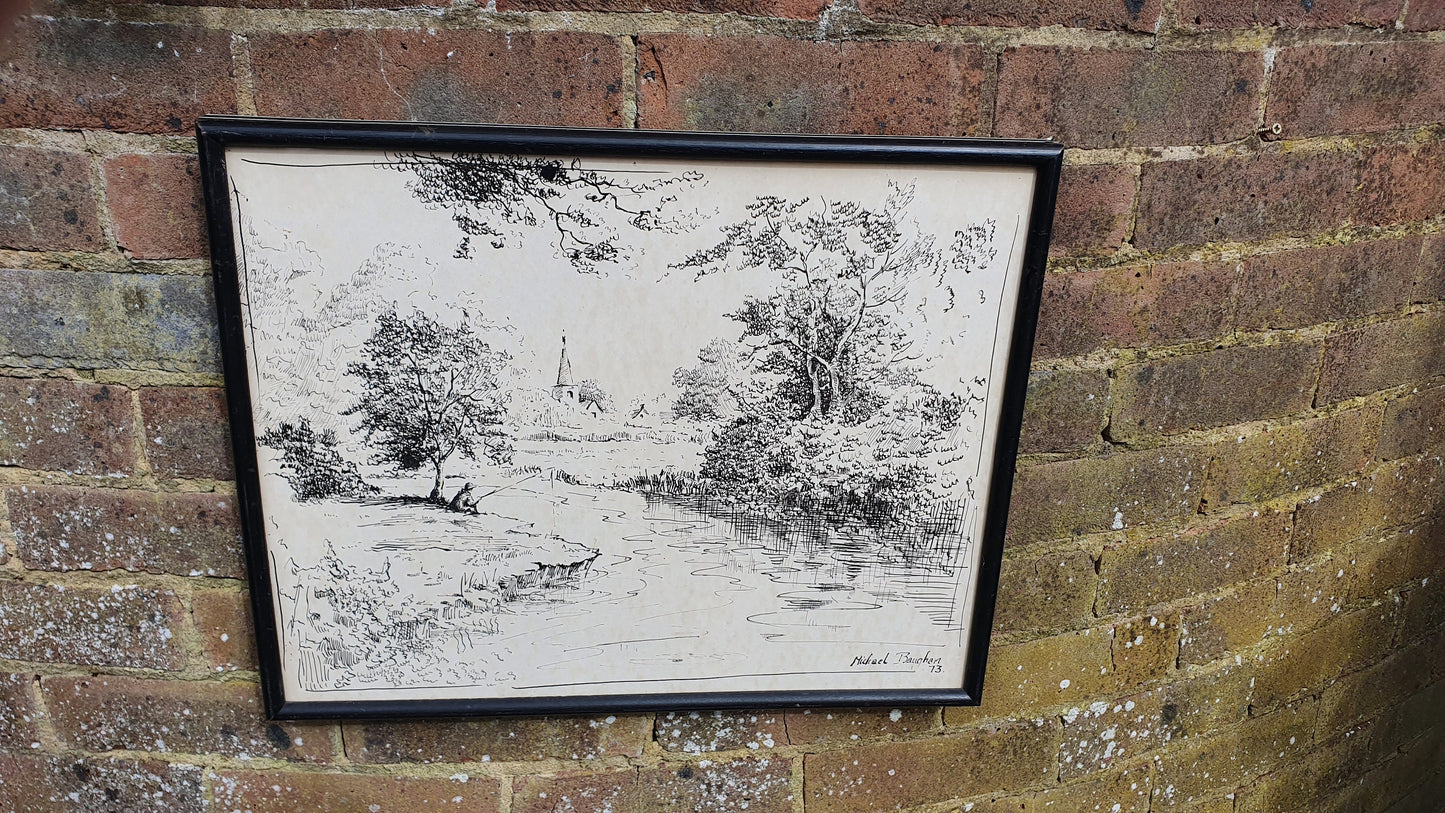 English Landscape Art Print Black & White Etching Countryside River Fishing Vintage Black Wood Frame