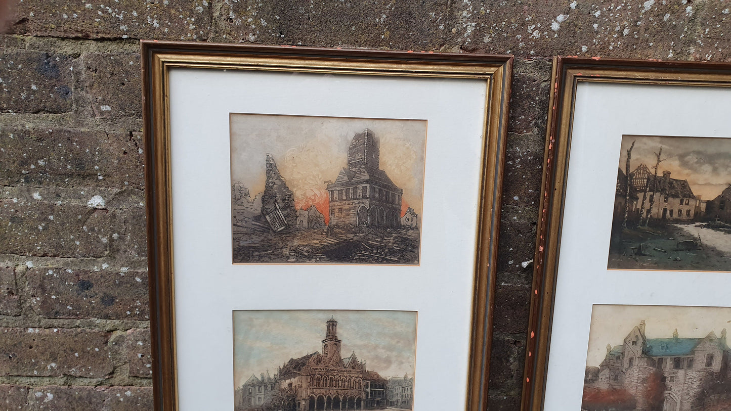 Vintage World War One Colour Art Prints Building Damage Winter France Europe Triple Mount Matching Frames