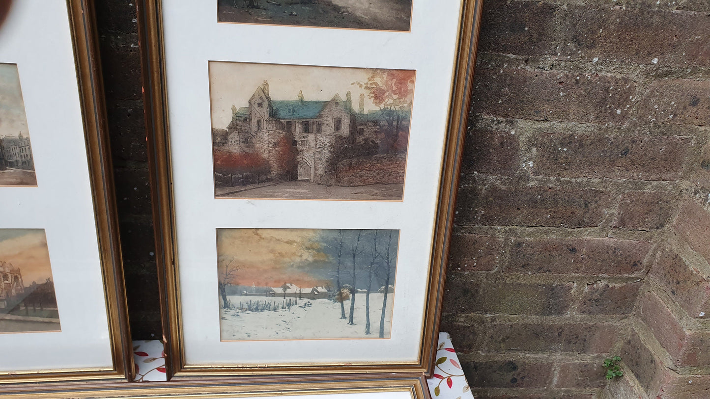 Vintage World War One Colour Art Prints Building Damage Winter France Europe Triple Mount Matching Frames