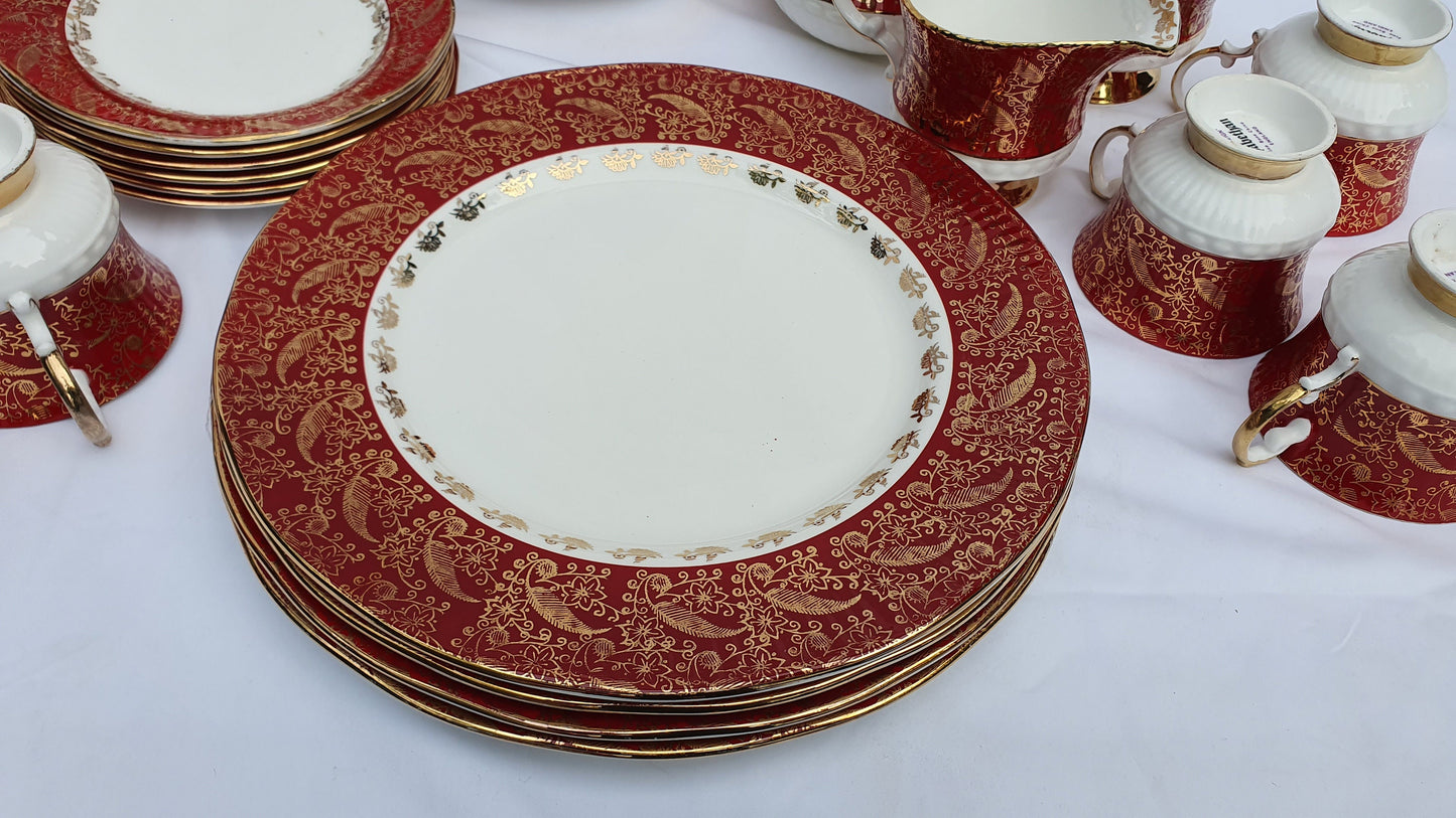 Vintage Chintz Red Gold and White 60’s Dinner and Tea Service Fine Bone China
