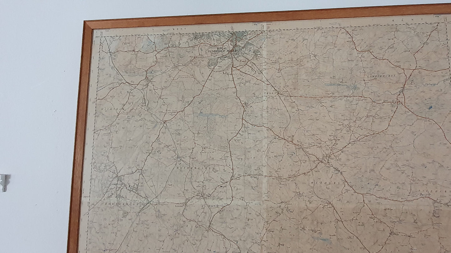 Very Large Vintage Kent Road Map Tunbridge Wells Wadhurst Mayfield Rotherfield Burwash Framed 3 X 3 FT