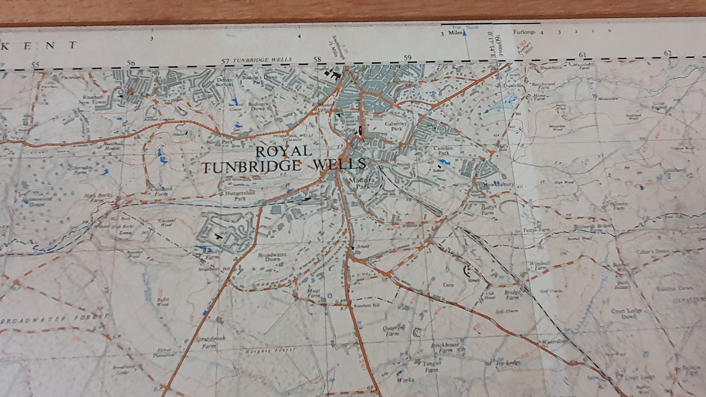 Very Large Vintage Kent Road Map Tunbridge Wells Wadhurst Mayfield Rotherfield Burwash Framed 3 X 3 FT