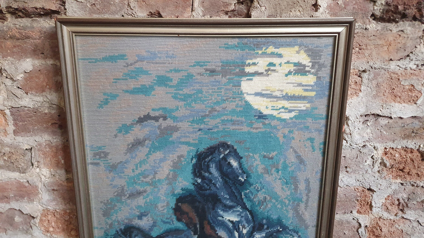 Wonderful Large Vintage Wild Horses in Moonlight Retro Tapestry Original Artwork Blue Turquoise Brown Grey Silver Frame