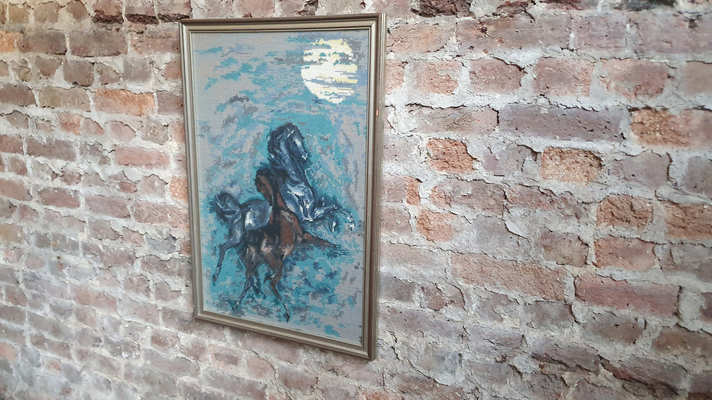 Wonderful Large Vintage Wild Horses in Moonlight Retro Tapestry Original Artwork Blue Turquoise Brown Grey Silver Frame