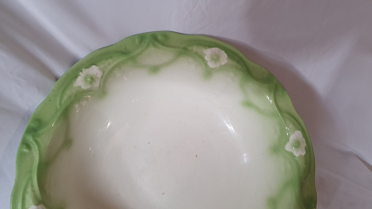 A Huge Vintage Floral Wash Bowl Jug and Bowl Planter Green and White Basin