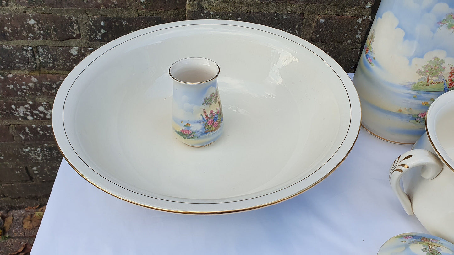 Complete Fantastic Vintage Jug and Bowl Set ‘Falcon Ware’ ’Blossom Time’ With Chamber Pot Toothbrush Holder Soap Dish