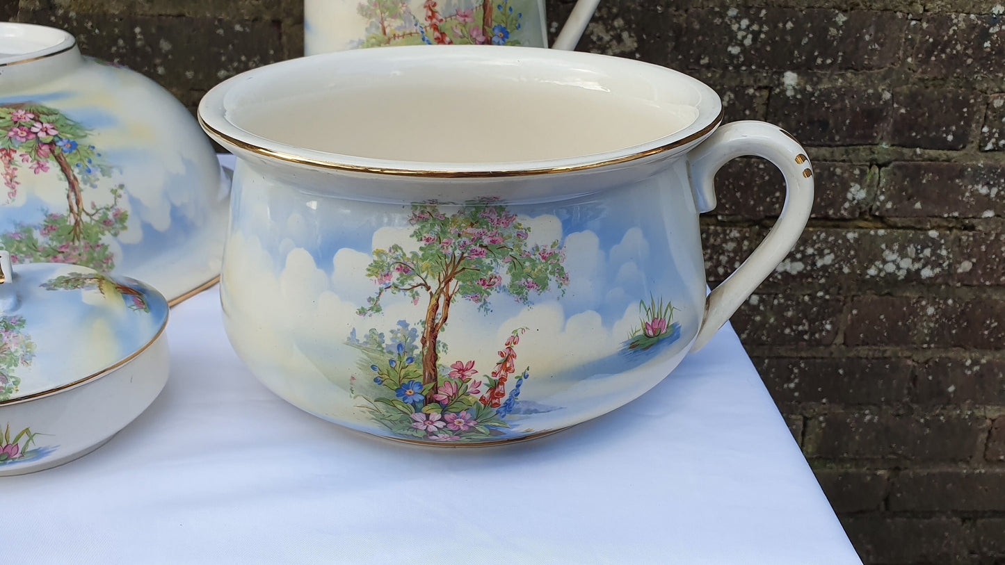 Complete Fantastic Vintage Jug and Bowl Set ‘Falcon Ware’ ’Blossom Time’ With Chamber Pot Toothbrush Holder Soap Dish