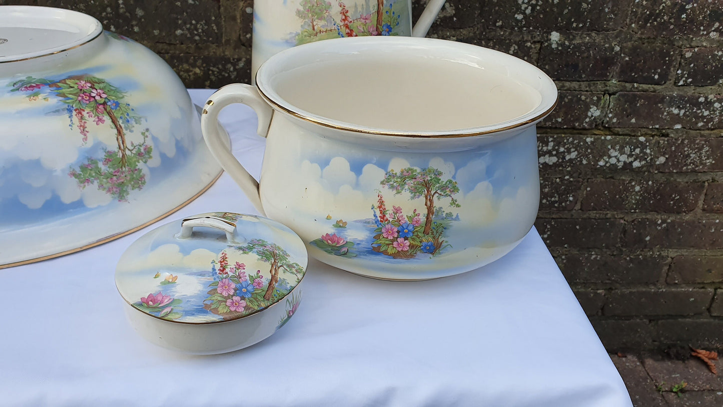 Complete Fantastic Vintage Jug and Bowl Set ‘Falcon Ware’ ’Blossom Time’ With Chamber Pot Toothbrush Holder Soap Dish
