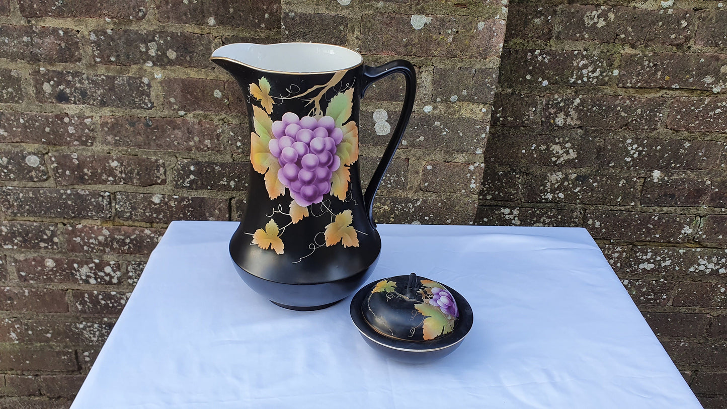 Huge Ceramic Ewer Jug From Jug and Basin Set Grape Design Black. Late Victorian
