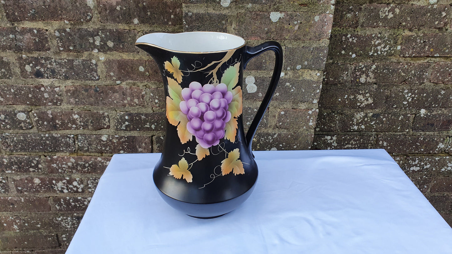 Huge Ceramic Ewer Jug From Jug and Basin Set Grape Design Black. Late Victorian