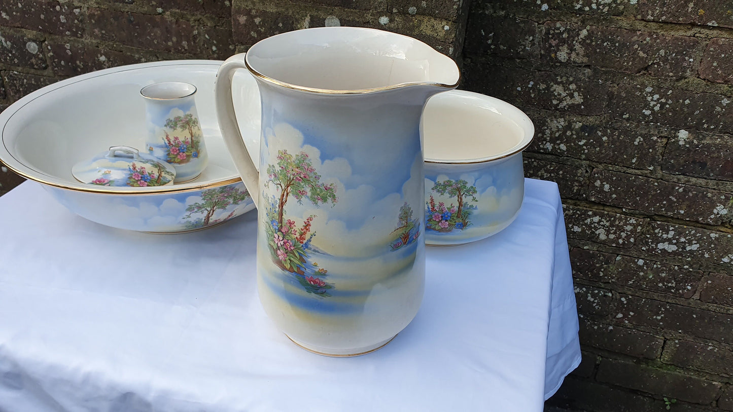 Complete Fantastic Vintage Jug and Bowl Set ‘Falcon Ware’ ’Blossom Time’ With Chamber Pot Toothbrush Holder Soap Dish