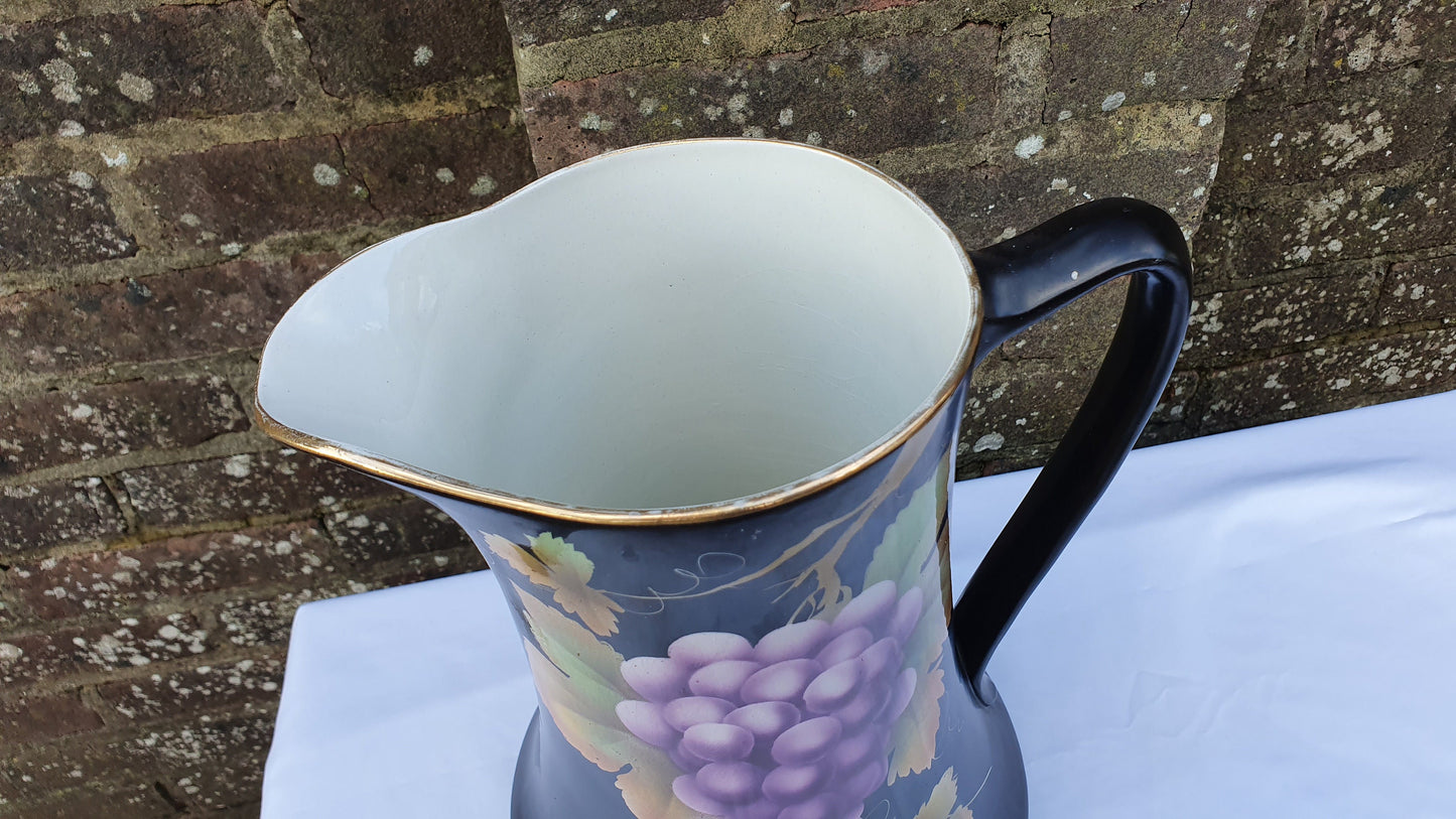 Huge Ceramic Ewer Jug From Jug and Basin Set Grape Design Black. Late Victorian