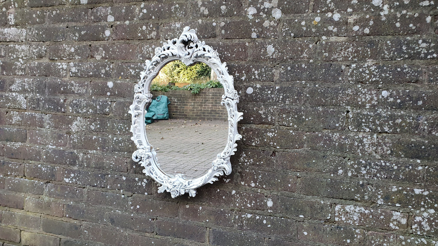 Vintage Painted Wall Mirror in Farrow and Ball Wimborne White. Flower Decoration.