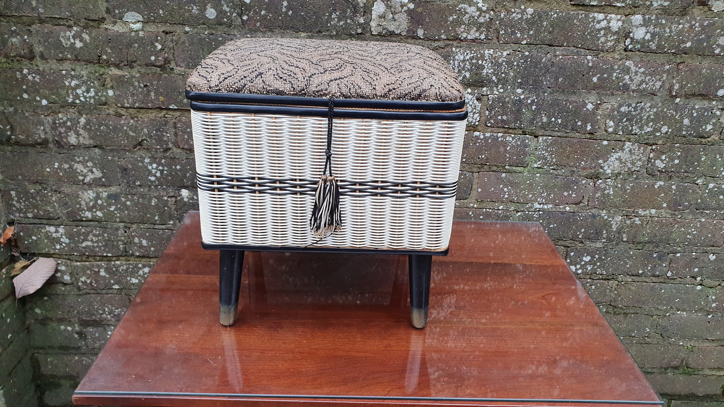 Vintage Retro Black and White Loom Needlework Basket With Atomic Legs