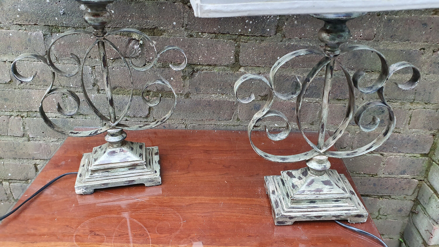 Large Pair of Green and Gold Vintage Effect Table Metal Lamps With Lampshades Total height of unit 69 cm