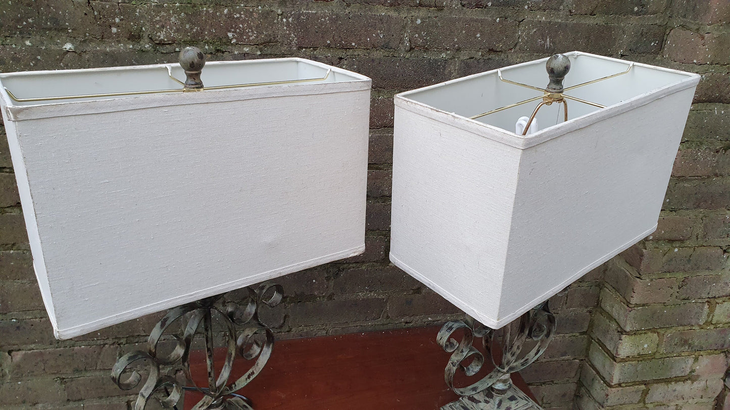 Large Pair of Green and Gold Vintage Effect Table Metal Lamps With Lampshades Total height of unit 69 cm