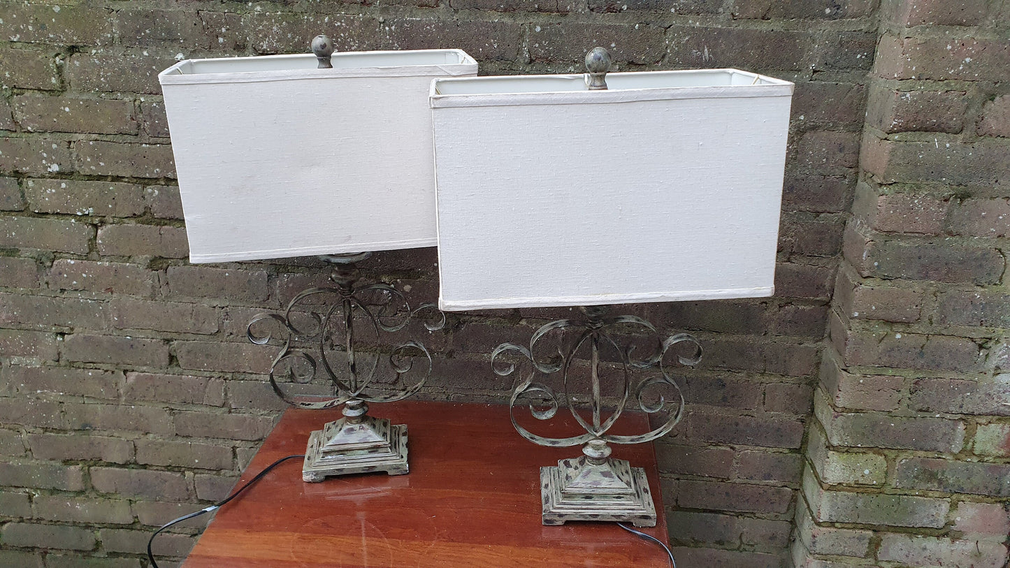 Large Pair of Green and Gold Vintage Effect Table Metal Lamps With Lampshades Total height of unit 69 cm