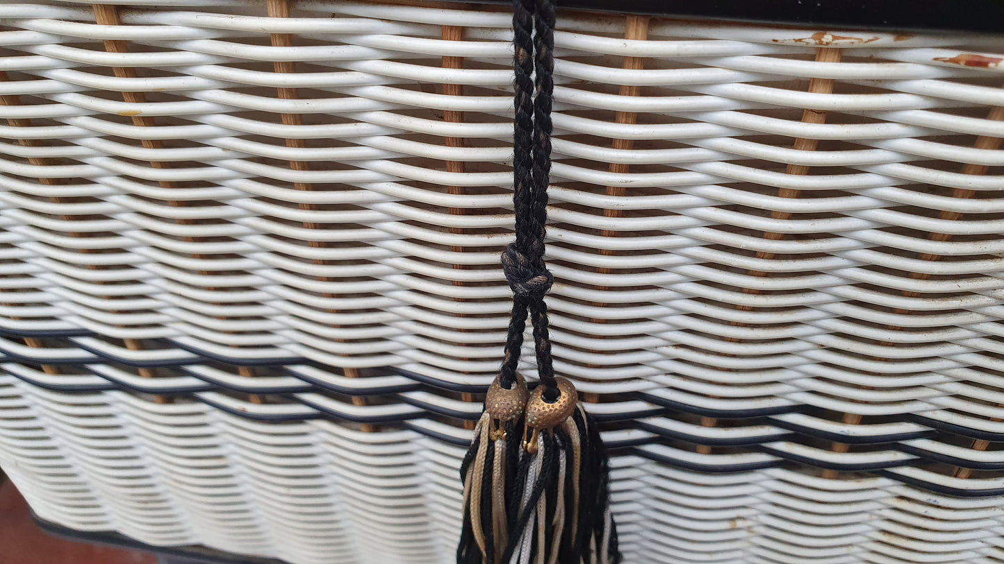 Vintage Retro Black and White Loom Needlework Basket With Atomic Legs