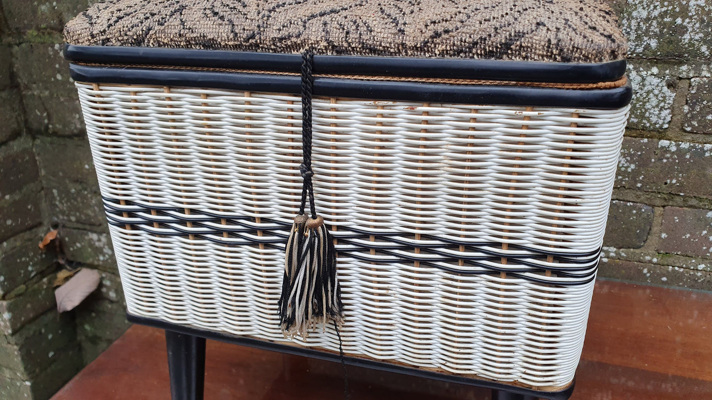 Vintage Retro Black and White Loom Needlework Basket With Atomic Legs