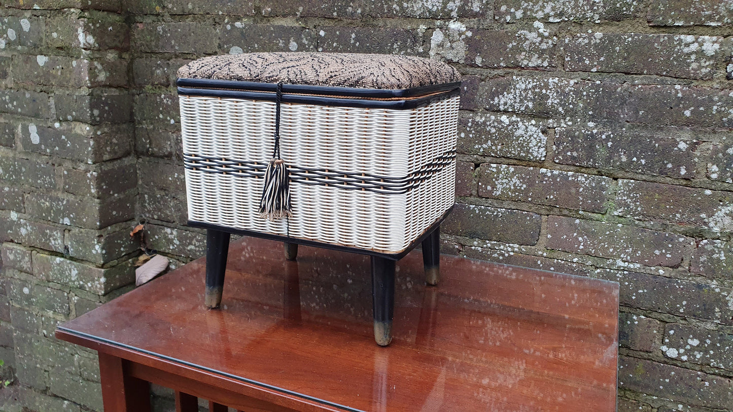 Vintage Retro Black and White Loom Needlework Basket With Atomic Legs