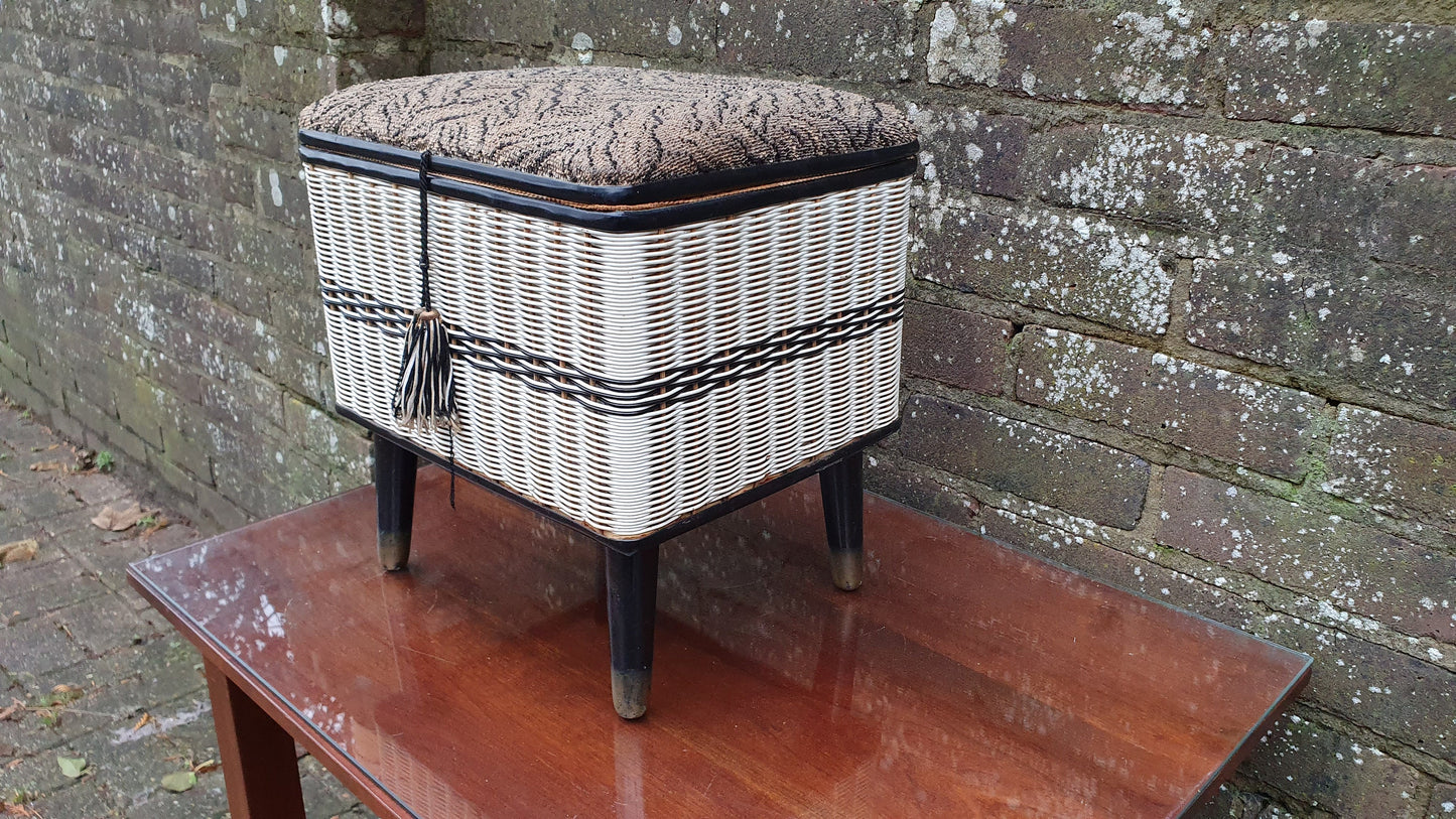 Vintage Retro Black and White Loom Needlework Basket With Atomic Legs