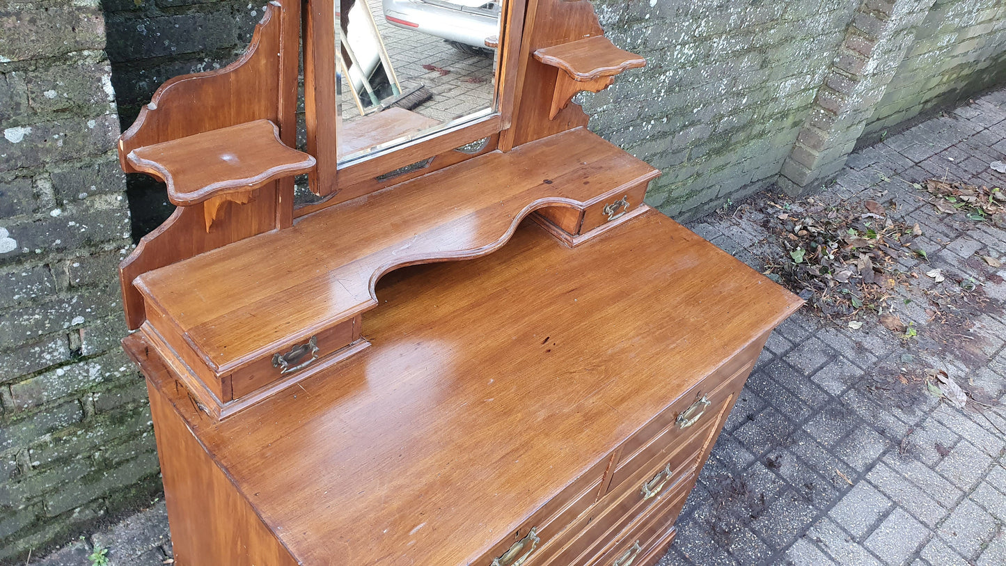 Vintage Edwardian Grand Dressing Table Satin Wood Walnut Drawers Mirror