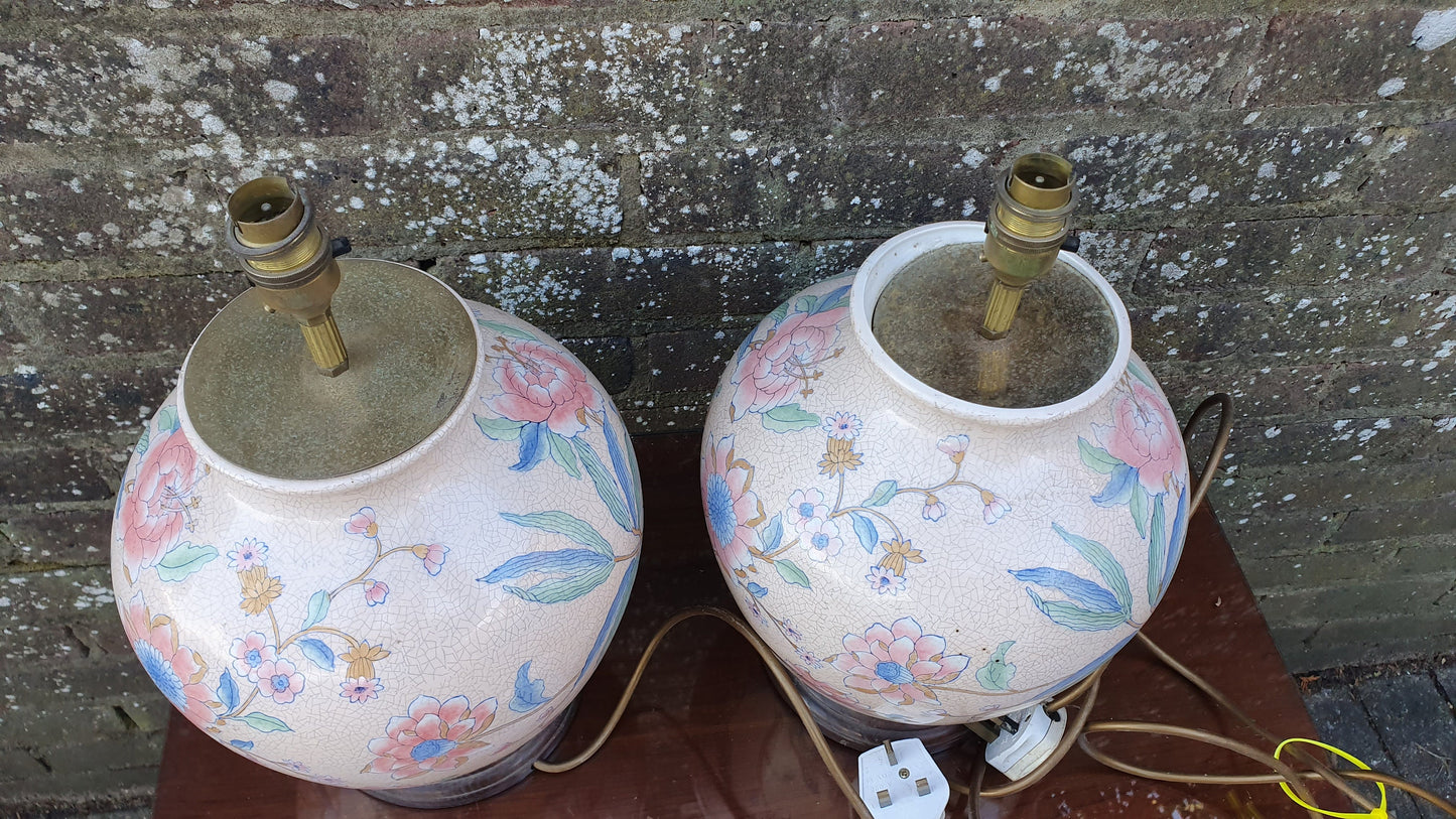 Classic Large Pair of Bedside Table Lamps Ceramic China Pink Crackle Glaze Effect Flowers Working.