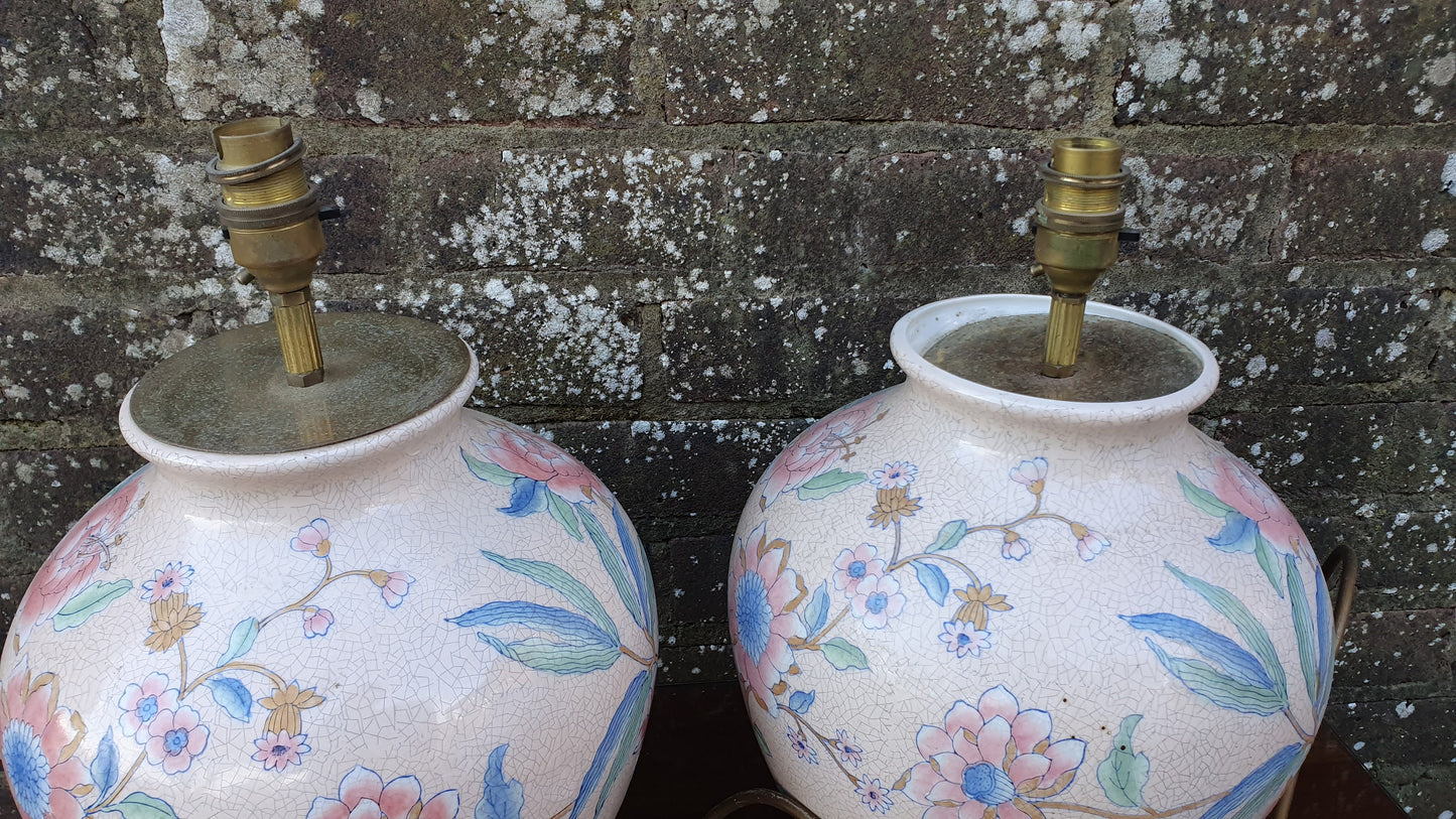 Classic Large Pair of Bedside Table Lamps Ceramic China Pink Crackle Glaze Effect Flowers Working.