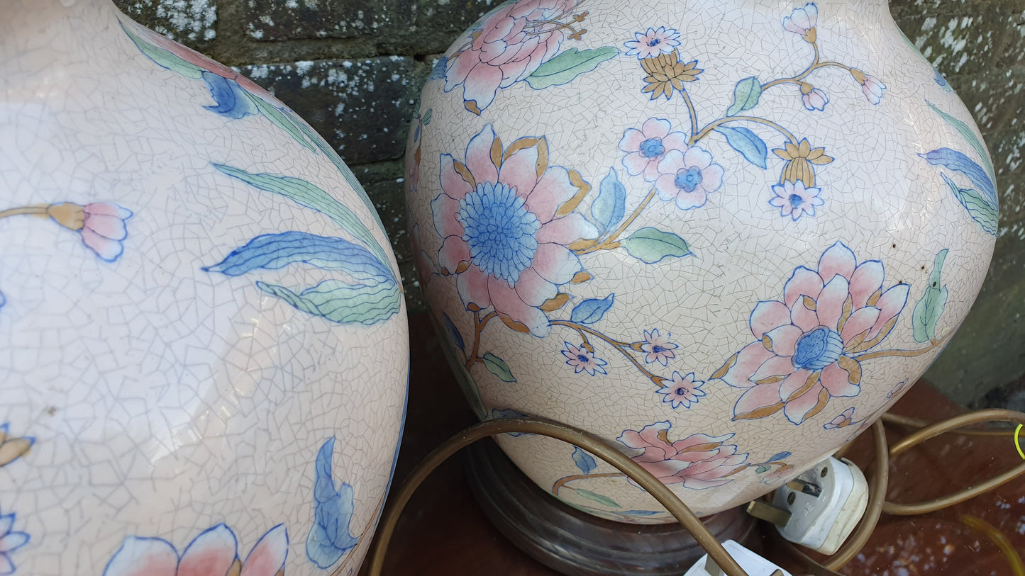 Classic Large Pair of Bedside Table Lamps Ceramic China Pink Crackle Glaze Effect Flowers Working.
