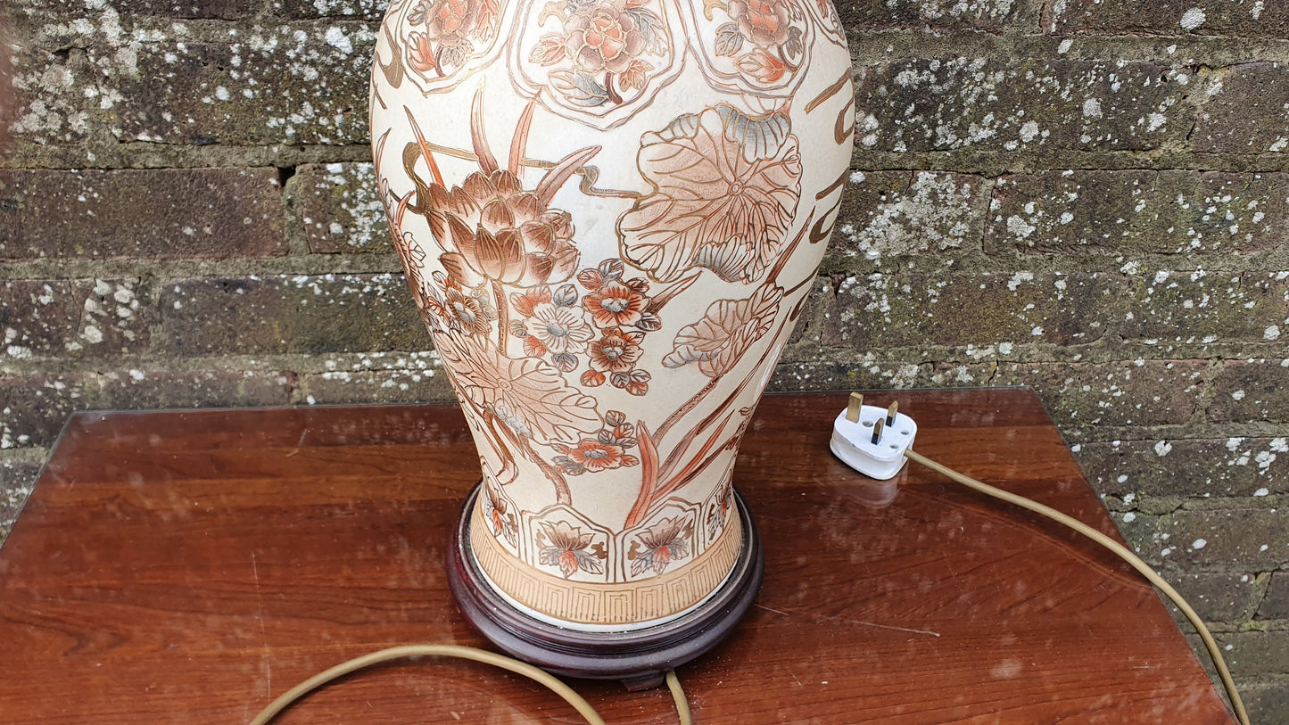 Huge Classic Large Bedside Table Lamps Ceramic China Orange Gold Brown Hues Flowers Butterflies Working.
