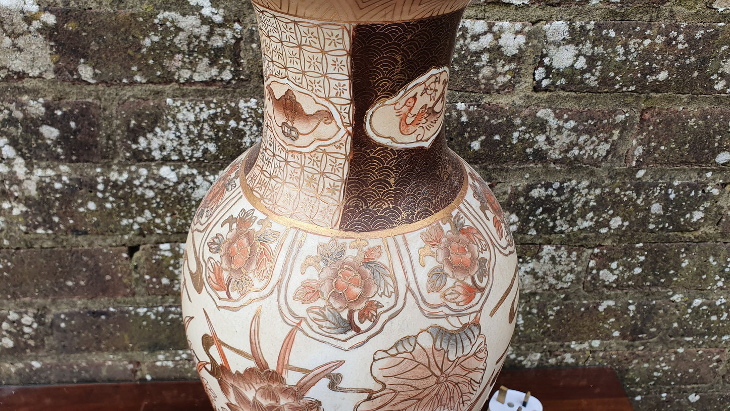 Huge Classic Large Bedside Table Lamps Ceramic China Orange Gold Brown Hues Flowers Butterflies Working.
