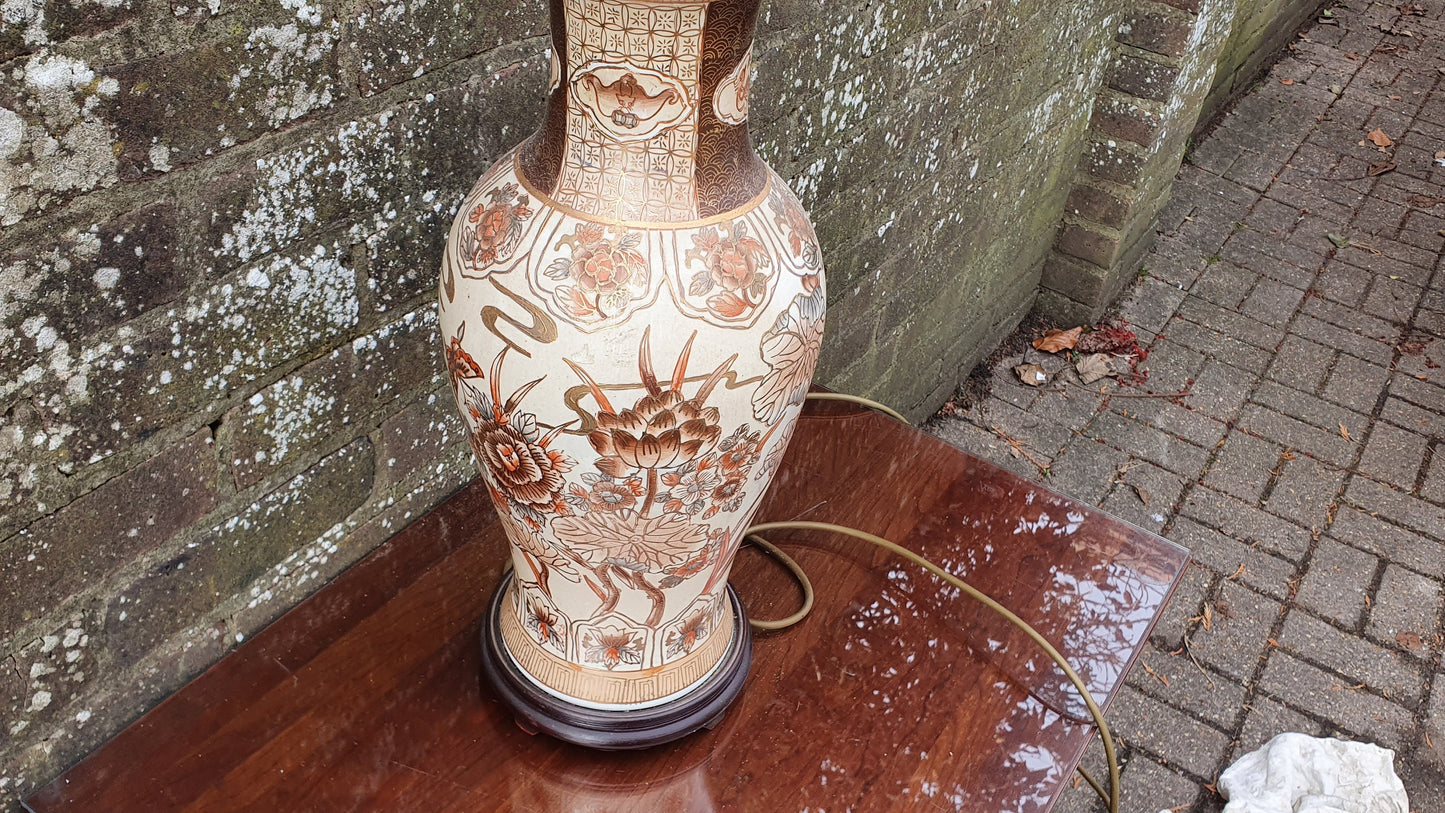 Huge Classic Large Bedside Table Lamps Ceramic China Orange Gold Brown Hues Flowers Butterflies Working.
