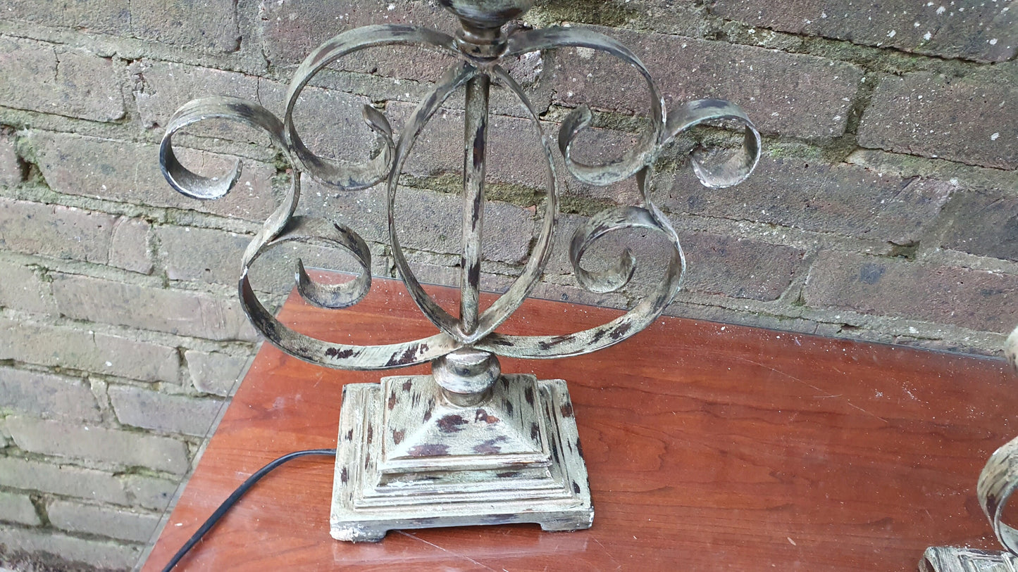 Large Pair of Green and Gold Vintage Effect Table Metal Lamps With Lampshades Total height of unit 69 cm