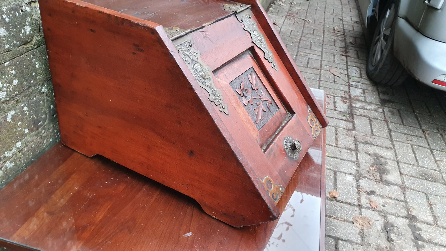 Vintage Edwardian Mahogany and Brass Coal Scuttle Bin Kindling Fireplace Storage
