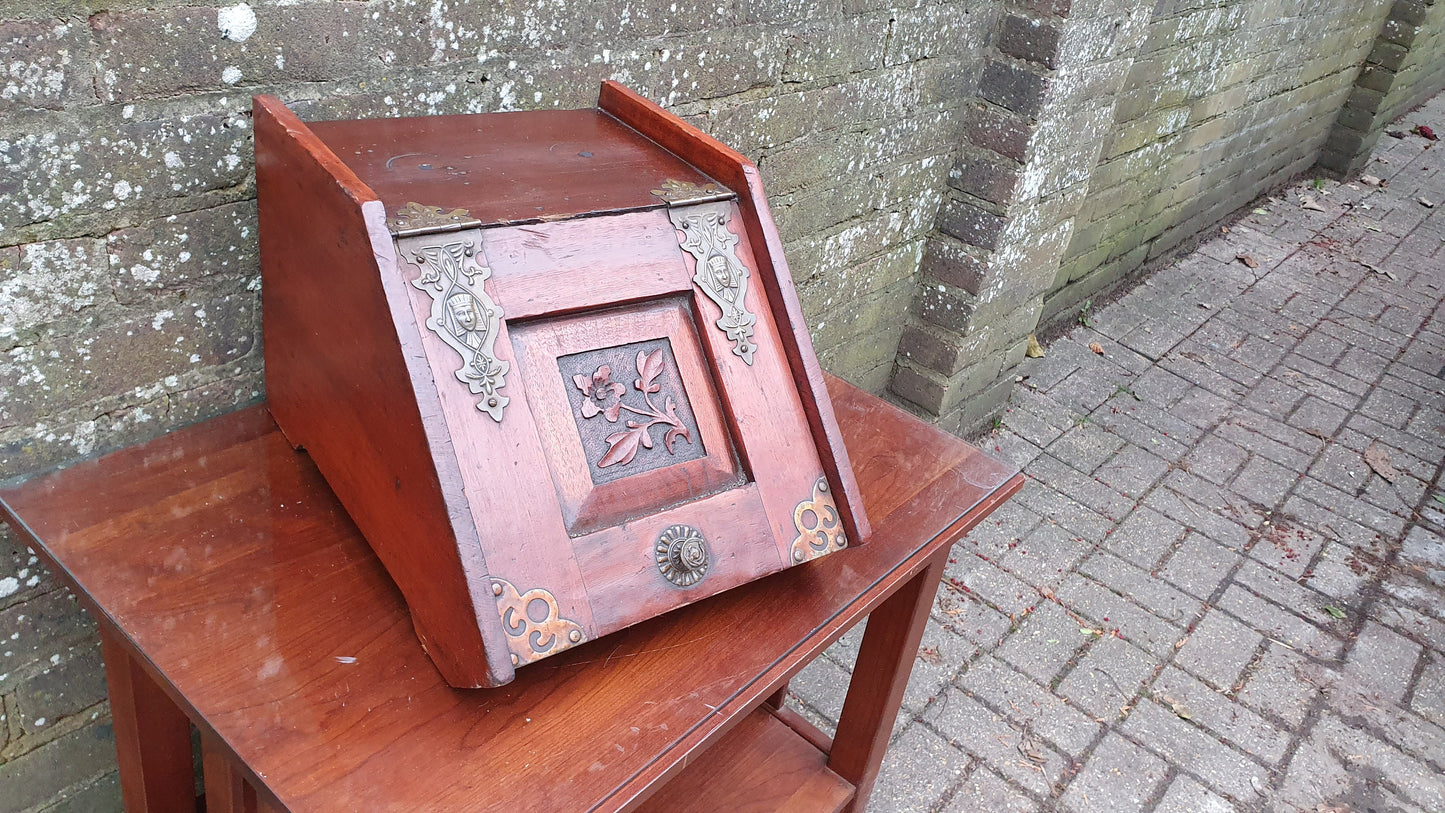 Vintage Edwardian Mahogany and Brass Coal Scuttle Bin Kindling Fireplace Storage