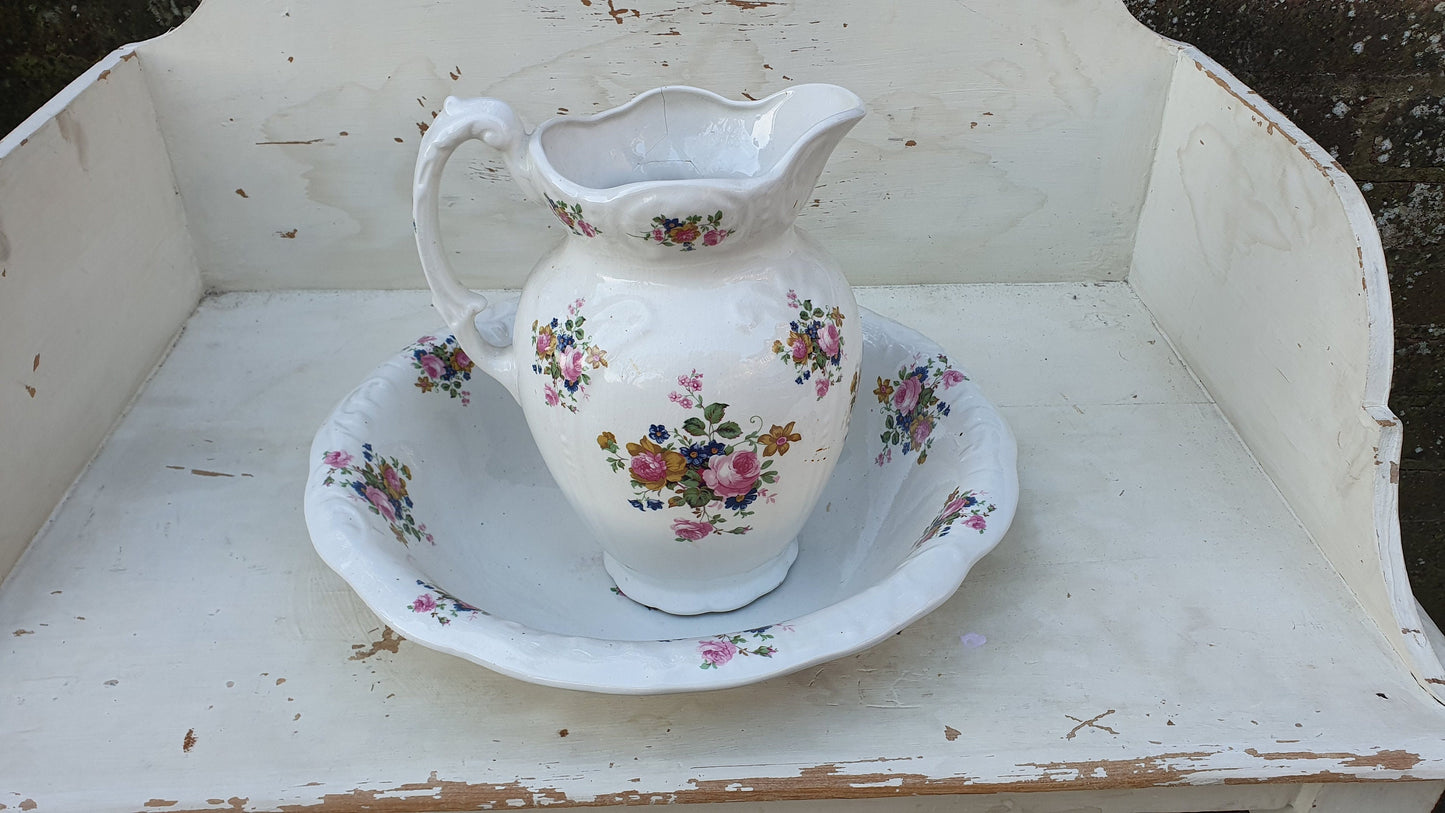 Vintage Victorian Genuine Painted Pine Washstand including Ceramic Jug and Bowl Prop Display