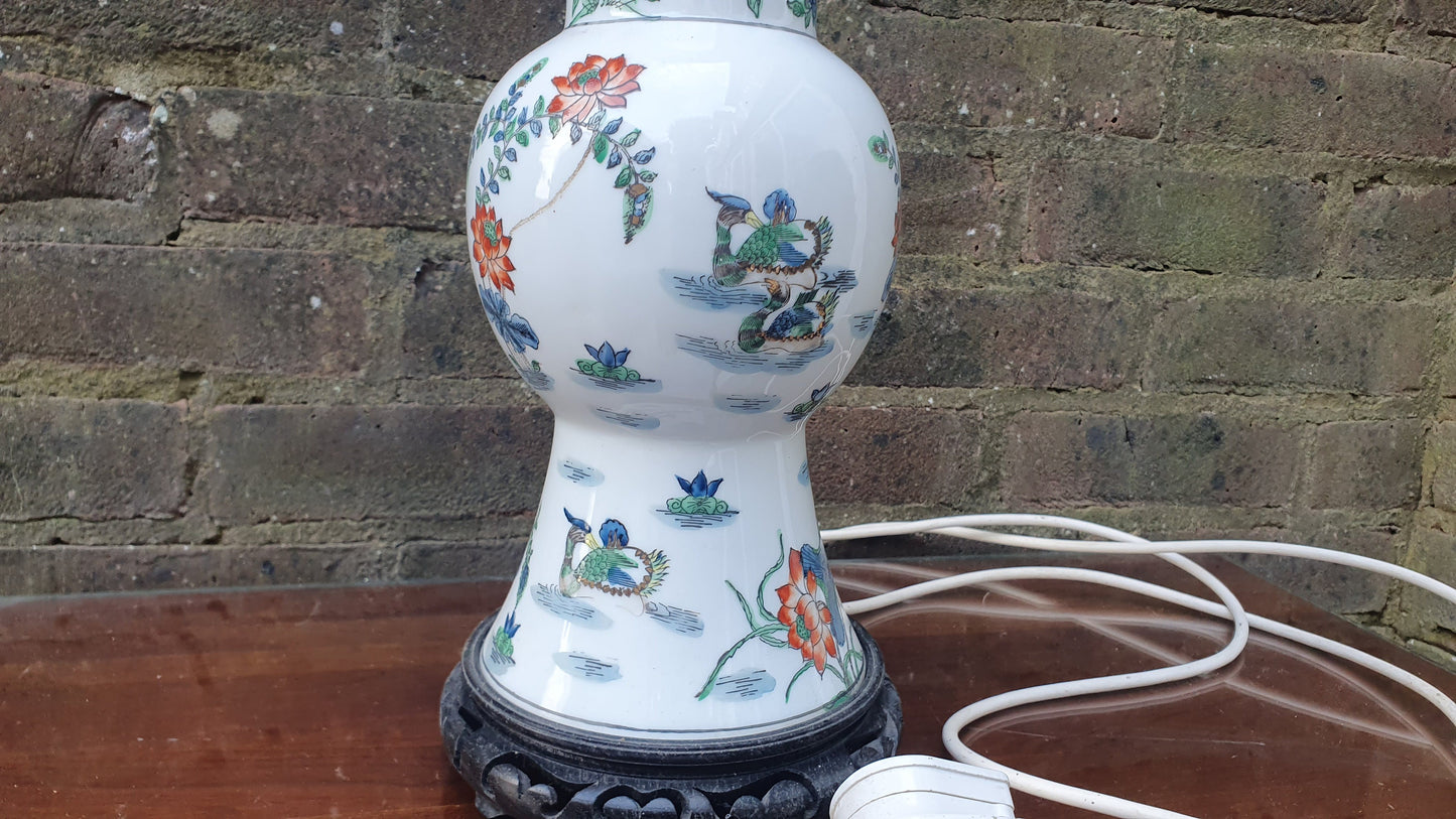 Oriental Style Ceramic and Wood Bedside Table Lamp Working Marks and Spencer Ducks Floral Foliage.
