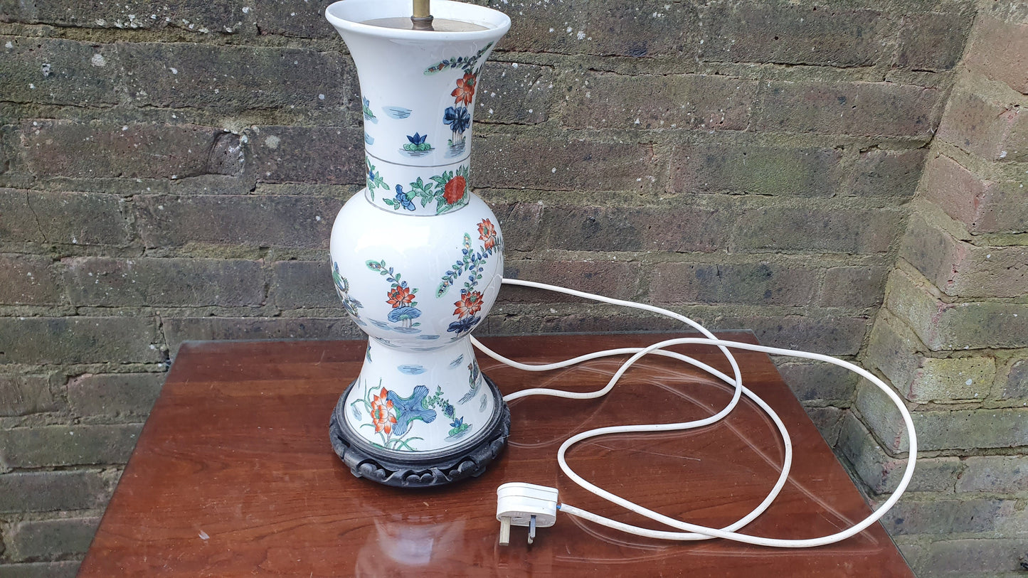 Oriental Style Ceramic and Wood Bedside Table Lamp Working Marks and Spencer Ducks Floral Foliage.
