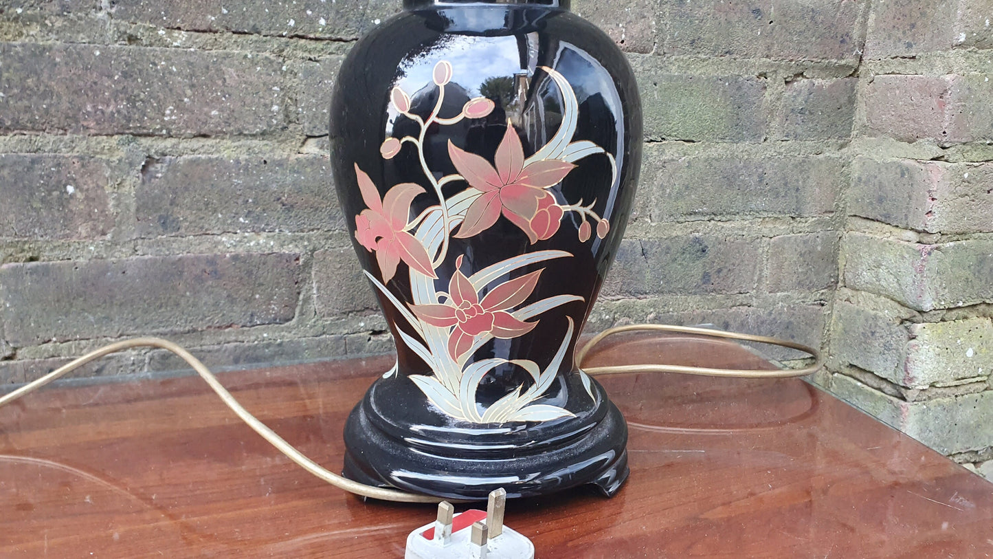 Oriental Style Ceramic Bedside Table Lamp Working Black Floral Foliage.