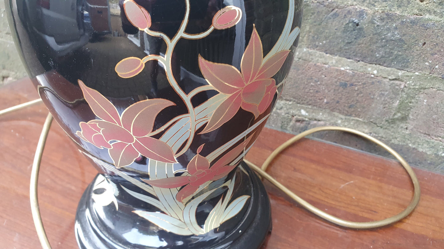 Oriental Style Ceramic Bedside Table Lamp Working Black Floral Foliage.