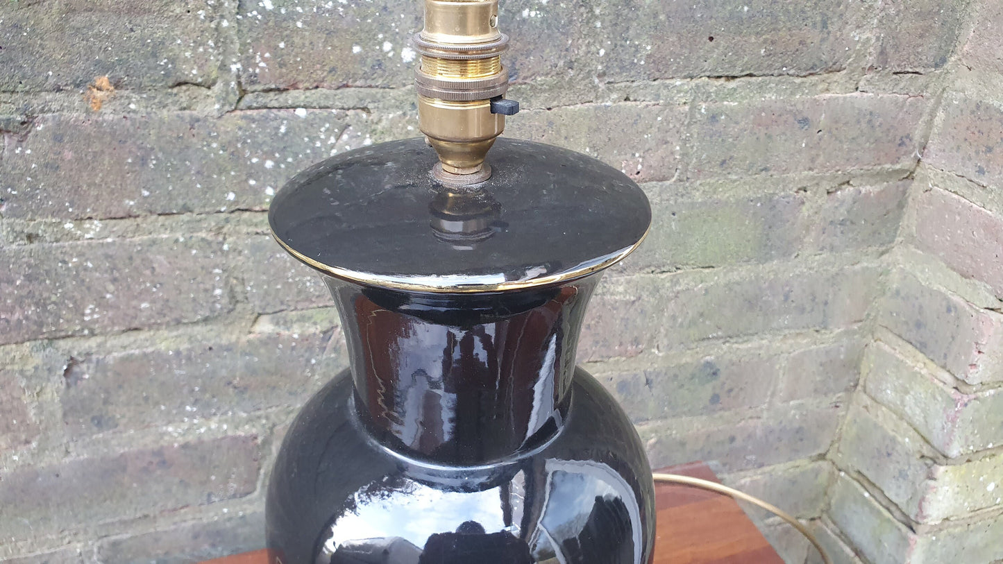 Oriental Style Ceramic Bedside Table Lamp Working Black Floral Foliage.