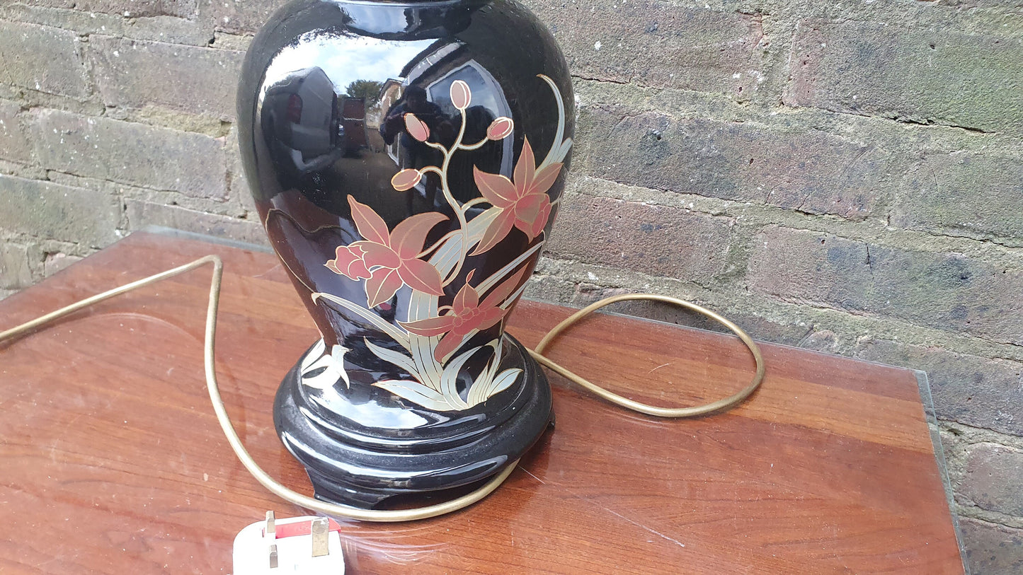 Oriental Style Ceramic Bedside Table Lamp Working Black Floral Foliage.