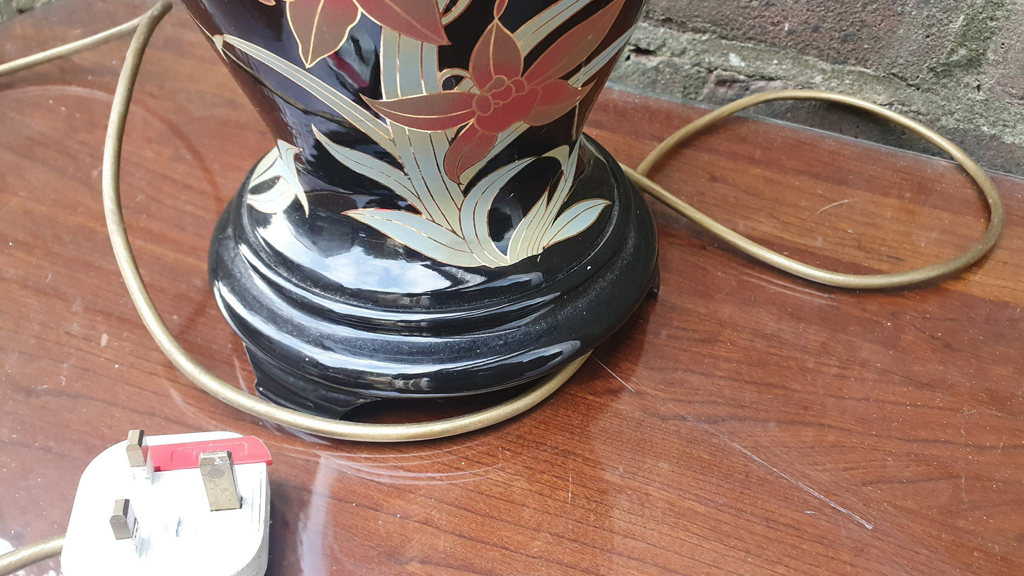 Oriental Style Ceramic Bedside Table Lamp Working Black Floral Foliage.