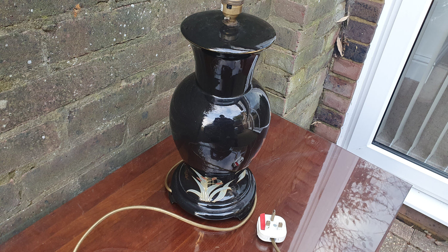 Oriental Style Ceramic Bedside Table Lamp Working Black Floral Foliage.