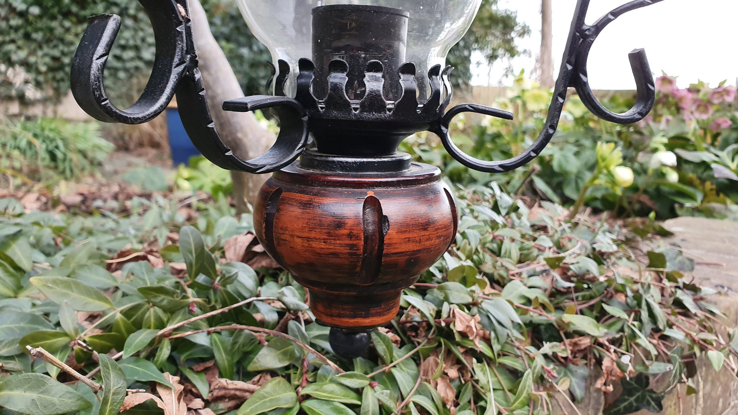 Lantern Style Vintage Hanging Metal Wooden and Glass Pendant Chandelier Light Fitting.