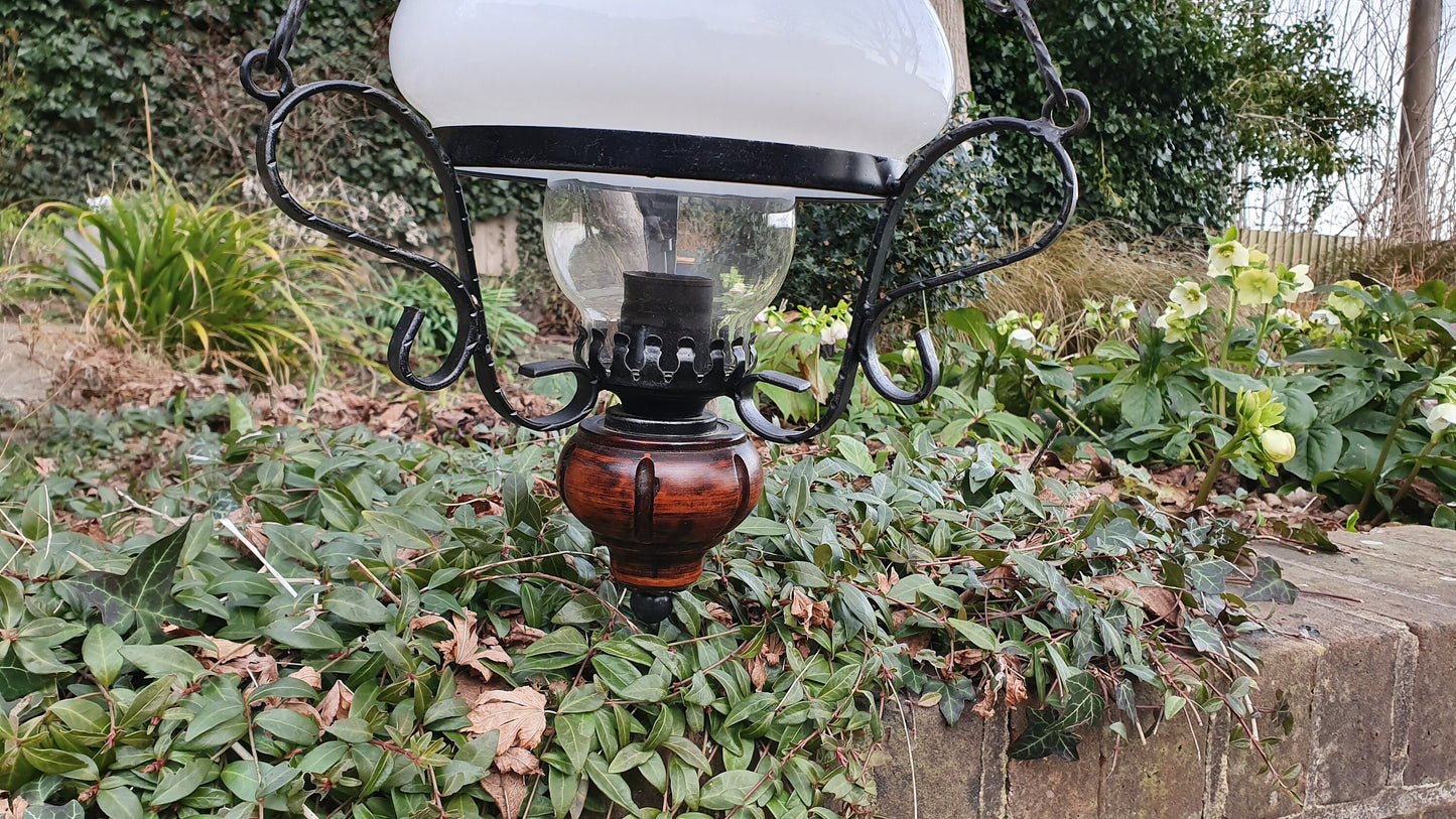 Lantern Style Vintage Hanging Metal Wooden and Glass Pendant Chandelier Light Fitting.