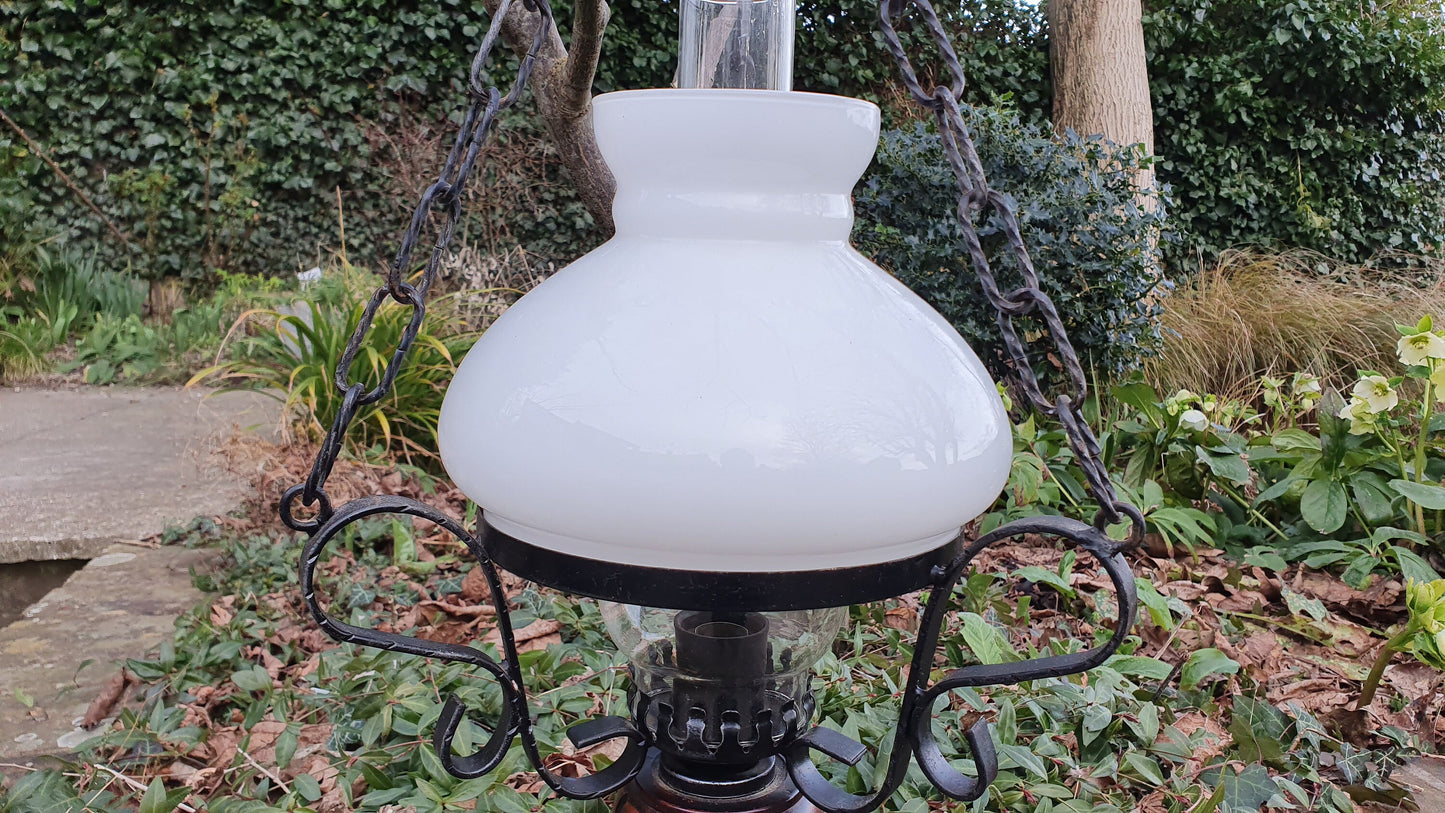 Lantern Style Vintage Hanging Metal Wooden and Glass Pendant Chandelier Light Fitting.