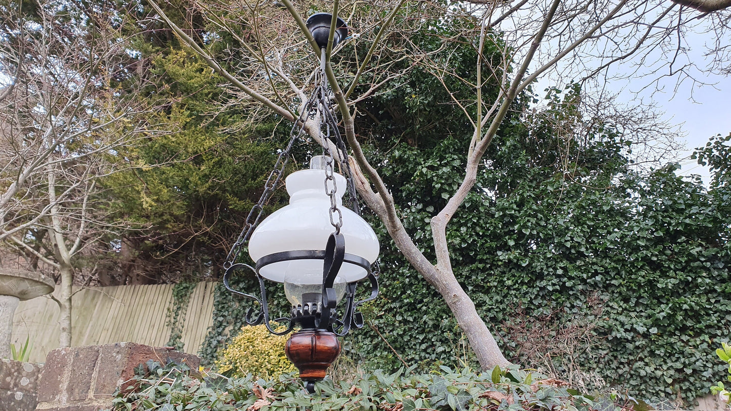 Lantern Style Vintage Hanging Metal Wooden and Glass Pendant Chandelier Light Fitting.